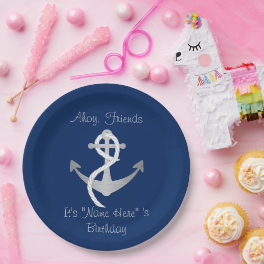 Aangepaste Nautical Blue- en Silver Birthday-Borde Papieren Bordje (Feest)