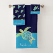 Aangepaste Nautical Coastal Zee Turtle Blauwgroen Bad Handdoek (Insitu)