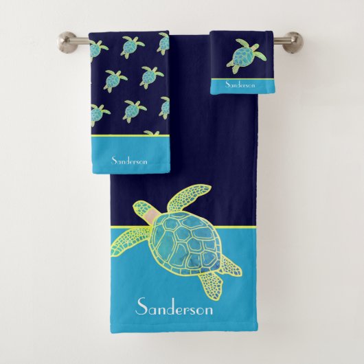Aangepaste Nautical Coastal Zee Turtle Blauwgroen Bad Handdoek (Insitu)