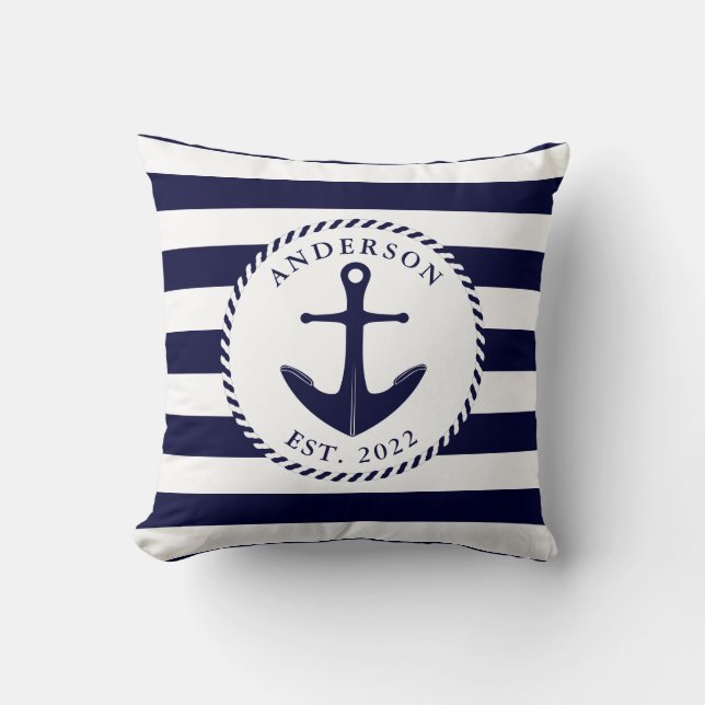 Aangepaste Nautical Navy Blue Anchor en Rope Kussen (Voorkant)