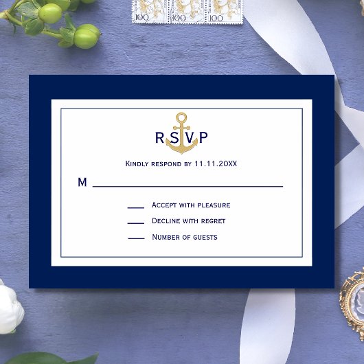 Aangepaste Nautical Navy Blue Gold Anchor RSVP Wed Kaartje