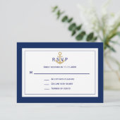 Aangepaste Nautical Navy Blue Gold Anchor RSVP Wed Kaartje (Staand voorkant)
