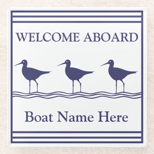 Aangepaste Nautical Navy Blue SEABIRDS Boat Name Glazen Onderzetter (Voorkant)