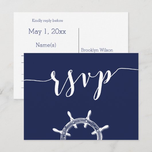 Aangepaste Nautical Navy Blue Wedding RSVP-Briefka Uitnodiging Briefkaart (Voorkant / Achterkant)