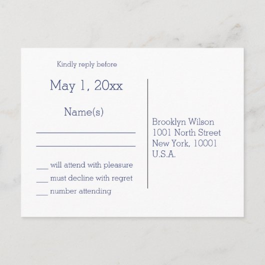 Aangepaste Nautical Navy Blue Wedding RSVP-Briefka Uitnodiging Briefkaart (Achterkant)