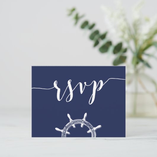Aangepaste Nautical Navy Blue Wedding RSVP-Briefka Uitnodiging Briefkaart (Staand voorkant)