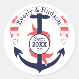 Aangepaste Nautical Navy Coral Wedding Anchor Ronde Sticker