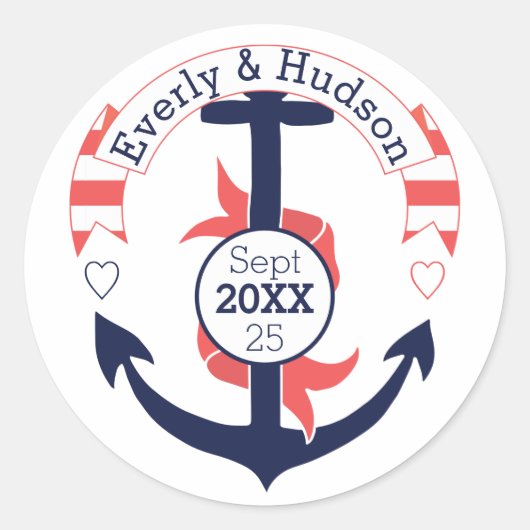 Aangepaste Nautical Navy Coral Wedding Anchor Ronde Sticker (Voorkant)