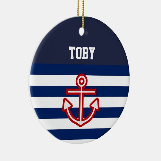 Aangepaste Nautical Navy White Stripes Keramisch Ornament (Rechts)