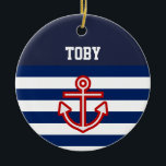 Aangepaste Nautical Navy White Stripes Keramisch Ornament<br><div class="desc">Prachtige tijdloze zeemijlvormig design zonder zeelieden met anker. Geschikt voor kinderslaapkamerdecor.  in Zazzle met uw eigen tekst voor een gepersonaliseerd ontwerp. Bekijk mijn winkel voor overeenkomende objecten!</div>