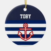 Aangepaste Nautical Navy White Stripes Keramisch Ornament (Voorkant)