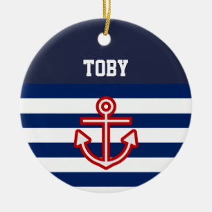 Aangepaste Nautical Navy White Stripes Keramisch Ornament