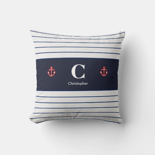 Aangepaste Nautical Navy White Stripes Kussen (Voorkant)
