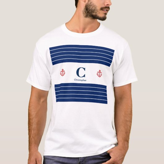 Aangepaste Nautical Navy White Stripes T-shirt (Voorkant)