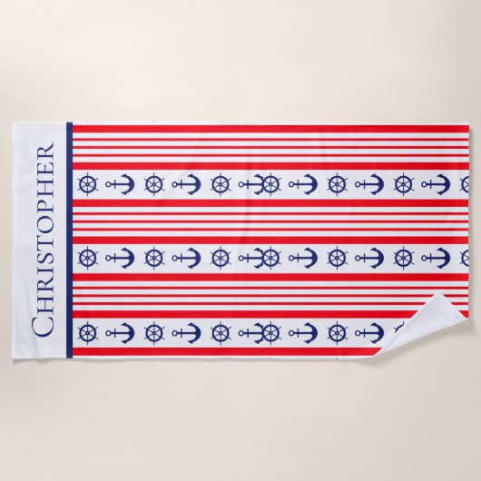 Aangepaste Nautical Red White Anchors Ships Strandlaken (Voorkant)