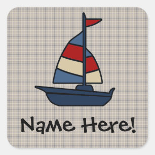 Aangepaste Nautical Sailboat Blue/Tan Boy's Vierkante Sticker