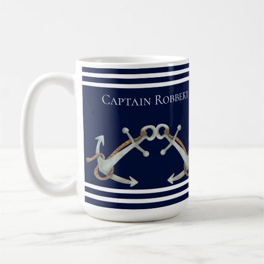Aangepaste Nautical White Navy Blue Anchors Koffiemok (Links)