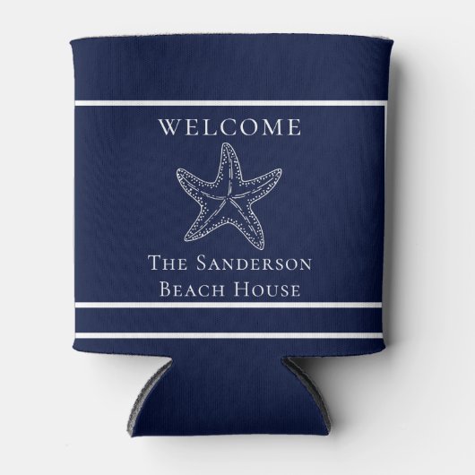 Aangepaste Nautical White Navy Blue Starfish Blikjeskoeler (Voorkant)