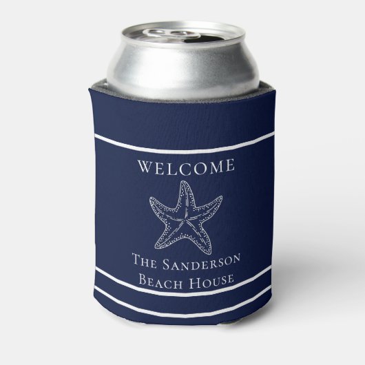 Aangepaste Nautical White Navy Blue Starfish Blikjeskoeler (Blikje Achterkant)