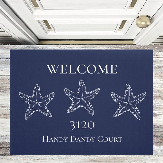Aangepaste Nautical White Navy Blue Starfish Deurmat