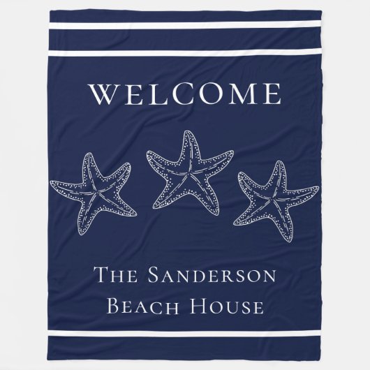 Aangepaste Nautical White Navy Blue Starfish Fleece Deken (Voorkant)