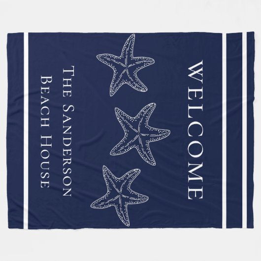 Aangepaste Nautical White Navy Blue Starfish Fleece Deken (Voorkant (Horizontaal))