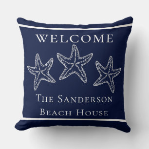 Aangepaste Nautical White Navy Blue Starfish Kussen