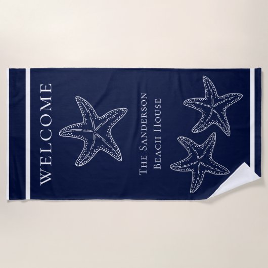 Aangepaste Nautical White Navy Blue Starfish Strandlaken (Voorkant)