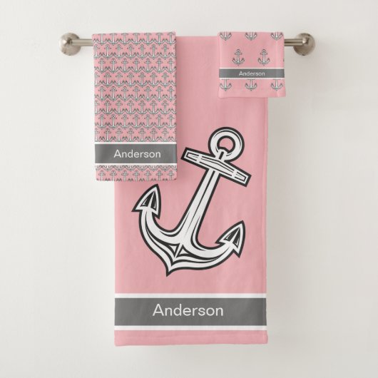 Aangepaste nautische anker badkamer roze grijs wit bad handdoek (Insitu)
