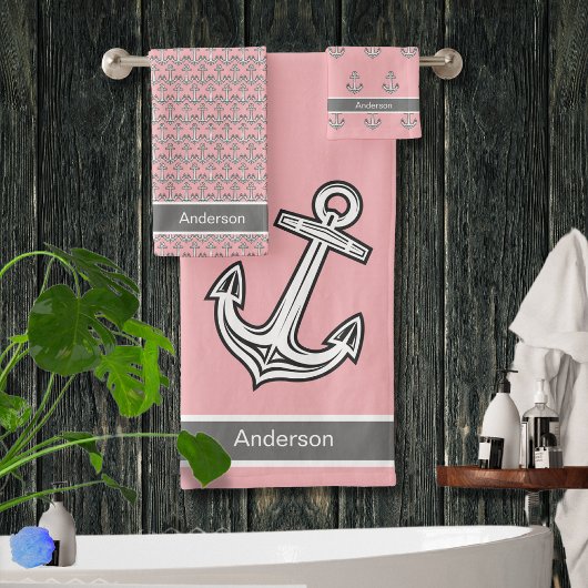 Aangepaste nautische anker badkamer roze grijs wit bad handdoek