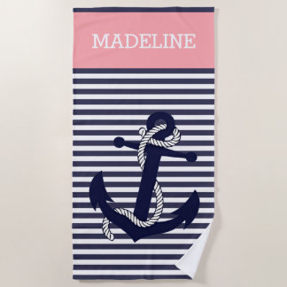 Aangepaste nautische anker blauwe koraal roze stre strandlaken