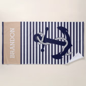 Aangepaste Nautische anker blauwe strepen beige bu Strandlaken (Voorkant)