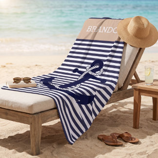 Aangepaste nautische anker blauwe taupe beige stre strandlaken