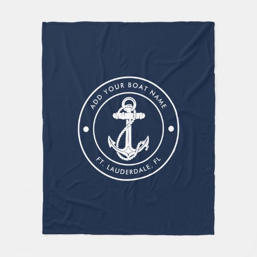 Aangepaste Nautische Anker Boot Naam Navy Blue Boa Fleece Deken (Voorkant)
