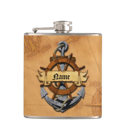 Aangepaste Nautische Anker en Wiel Heupfles (Voorkant)