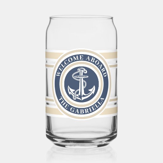 Aangepaste nautische bootnaam anker marine blauwe blikvorm glas (Voorkant)