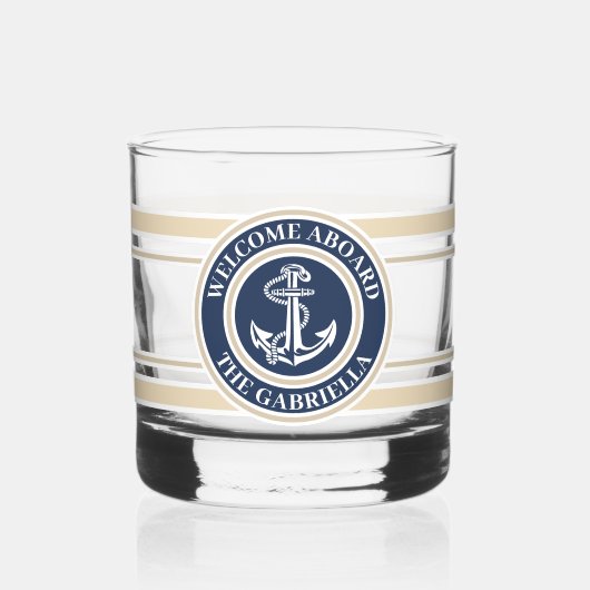 Aangepaste nautische bootnaam anker marine blauwe  whisky glas (Voorkant)