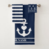 Aangepaste nautische hart anker marine witte strep bad handdoek (Insitu)