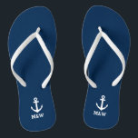 Aangepaste nautische monogram strand bruiloft teen teenslippers<br><div class="desc">Gepersonaliseerde strand bruiloft teenslippers voor bruid en bruidegom of gasten. Elegante partij gunst ingesteld met aangepaste achternaam of monogram en zeilschip / boot anker icoon. Aangepaste achtergrond en bandkleur voor hem en haar / mannen en vrouwen. Romantische marine blauw en wit zijn en haar wig sandalen met stijlvolle script kalligrafie...</div>