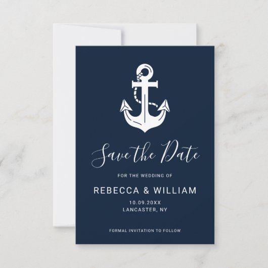 Aangepaste nautische Navy Blue Anker Trouw Save The Date (Voorkant)