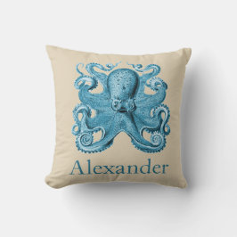Aangepaste Nautische octopus in blauw en tan Kussen