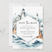 Aangepaste nautische stijl vuurtoren bruiloft save the date (Voorkant)