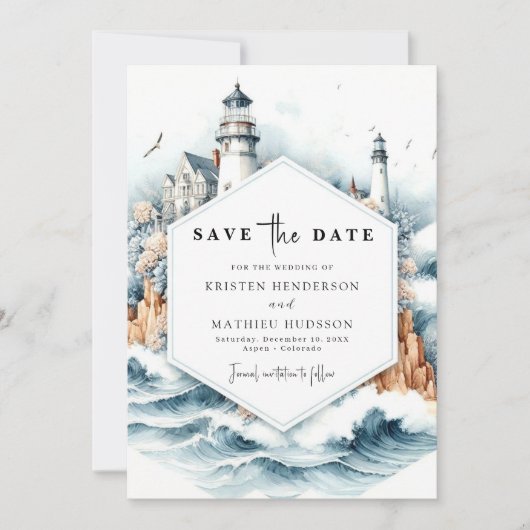 Aangepaste nautische stijl vuurtoren bruiloft save the date (Voorkant)