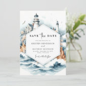 Aangepaste nautische stijl vuurtoren bruiloft save the date (Staand voorkant)