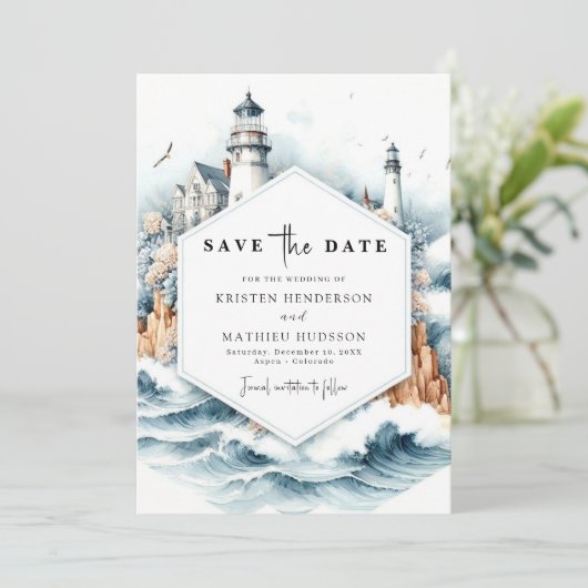 Aangepaste nautische stijl vuurtoren bruiloft save the date (Staand voorkant)