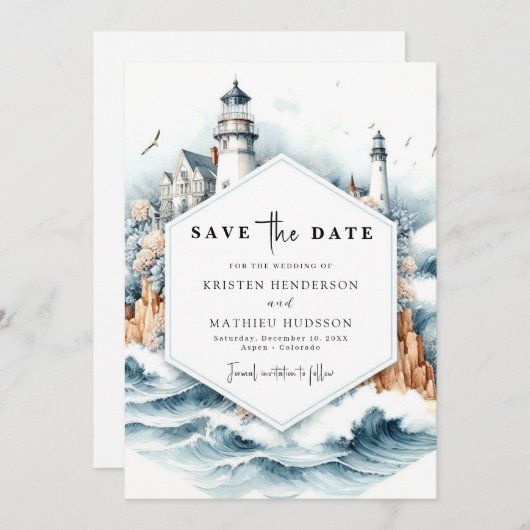 Aangepaste nautische stijl vuurtoren bruiloft save the date (Voorkant / Achterkant)