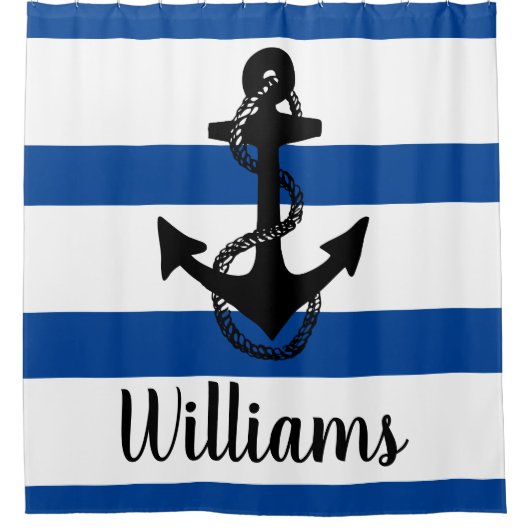Aangepaste nautische strepen met ANCHOR | Douchegordijn (Voorkant)