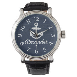 Aangepaste navenblauw/witantieanker horloge