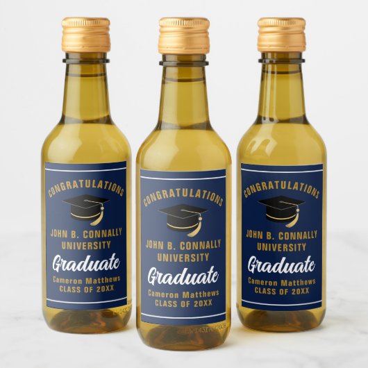 Aangepaste Navy Blauwe Gouden Afstudeerfeest Mini Wijn Etiket (Flessen)