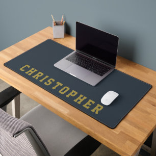 Aangepaste Navy Blauwe Gouden Retro Naam Minimalis Bureaumat